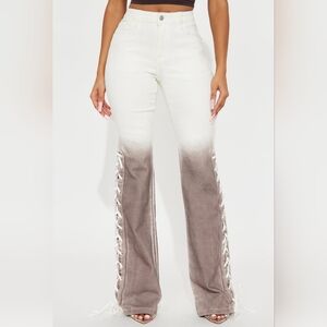 Fashion Nova Ombre Lace-Up Flare Jeans - White to Taupe